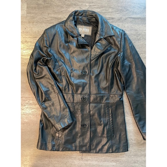 Wilsons Leather Jackets & Blazers - VTG Wilsons Leather‎ Black Genuine Leather Button Front Blazer Jacket Medium